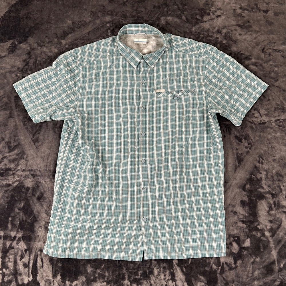 Columbia Button Up Shirt Mens XL Teal Plaid Short Sleeve Mesh Vented 2269